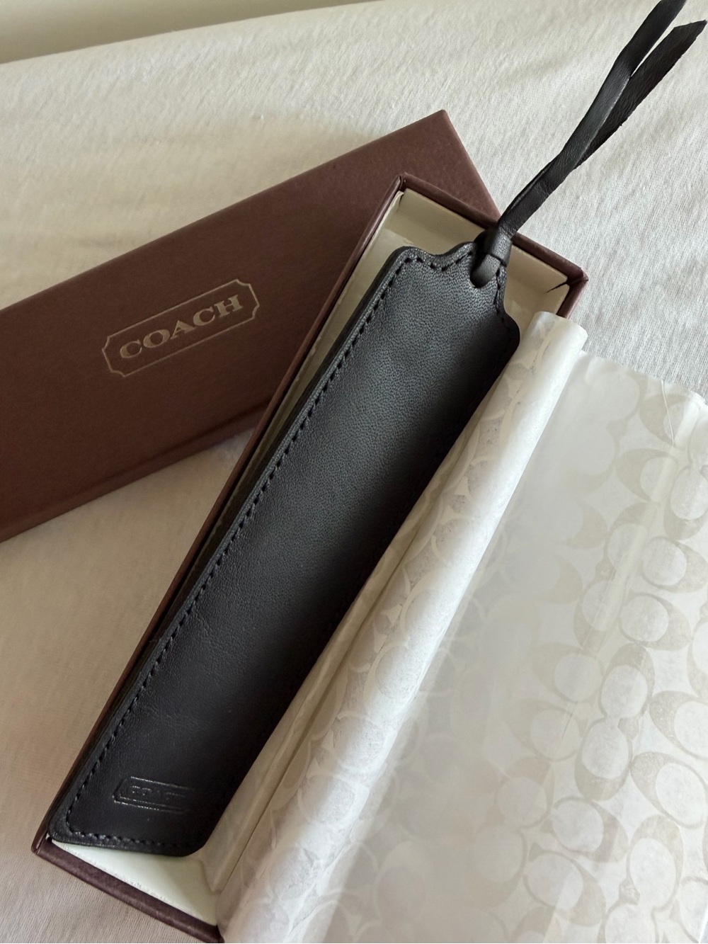 Vintage Coach Black Leather Bookmark NIB, Embossed Logo, Rare Collector piece!